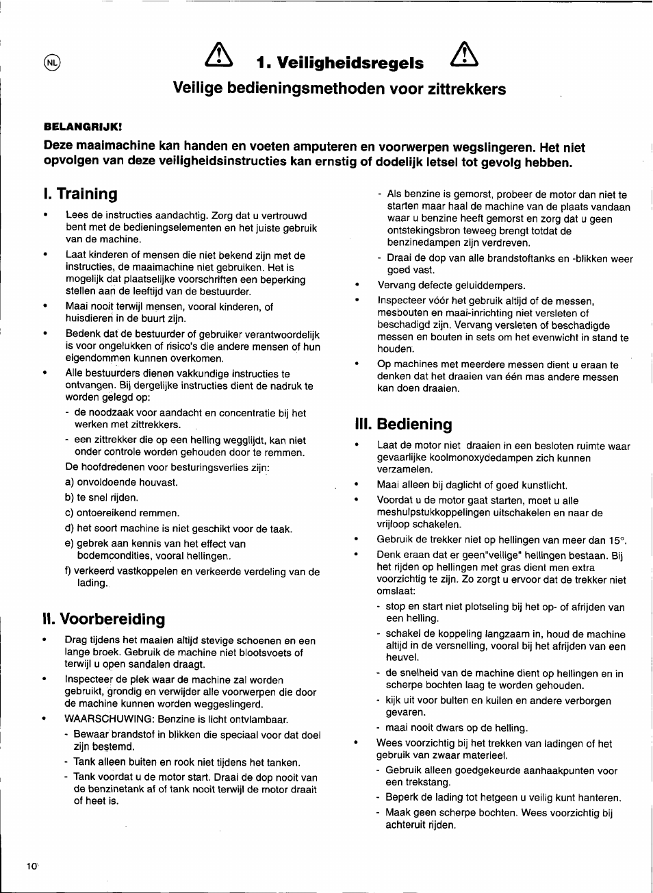A 1. veiligheidsregels a, Veilige bedieningsmethoden voor zittrekkers, I. training | Ii. voorberelding, Iii. bediening | Husqvarna 1000-14 User Manual | Page 12 / 68