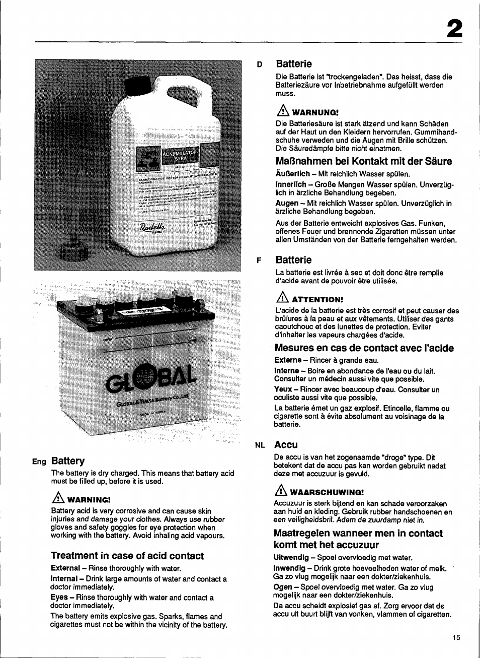 D batterie, Eng battery, Treatment in case of acid contact | Maßnahmen bei kontakt mit der säure, Batterie, Mesures en cas de contact avec l'acide | Husqvarna 1000-14 User Manual | Page 17 / 68