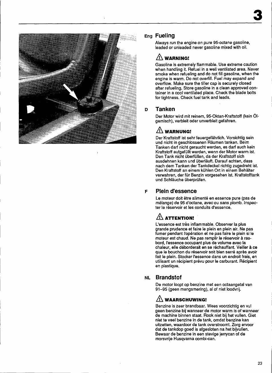 Eng fueling, D tanken, Plein d'essence | Nl brandstof | Husqvarna 1000-14 User Manual | Page 25 / 68