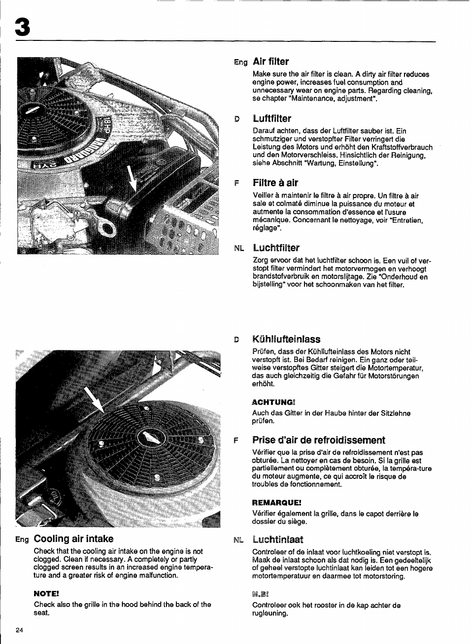 Eng air filter, D luftfilter, F filtre à air | Eng cooling air intake | Husqvarna 1000-14 User Manual | Page 26 / 68