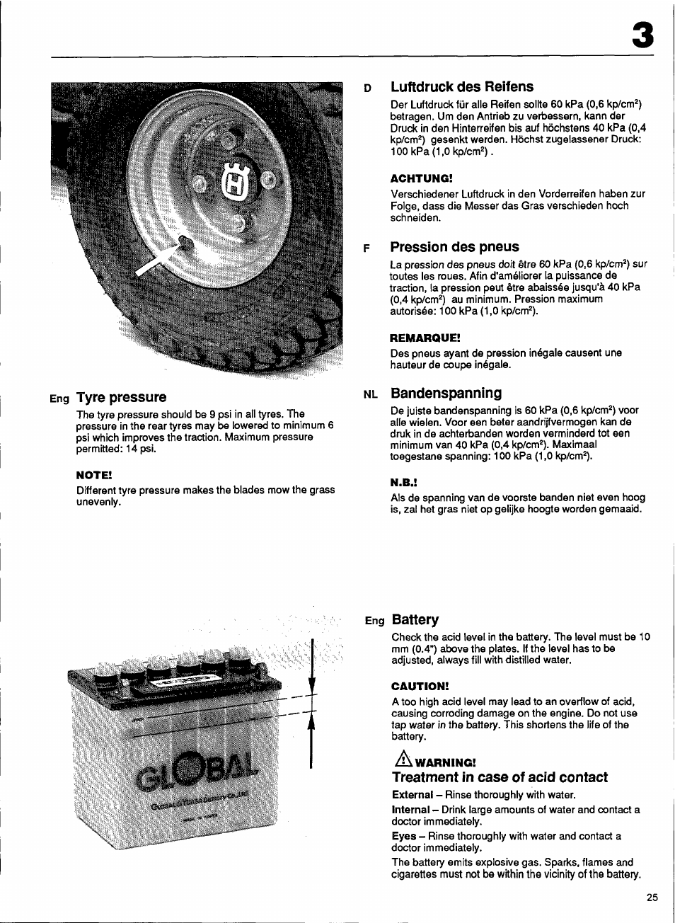 Eng tyre pressure, D luftdruck des reifens, F pression des pneus | Nl bandenspanning, Eng battery, Treatment in case of acid contact | Husqvarna 1000-14 User Manual | Page 27 / 68