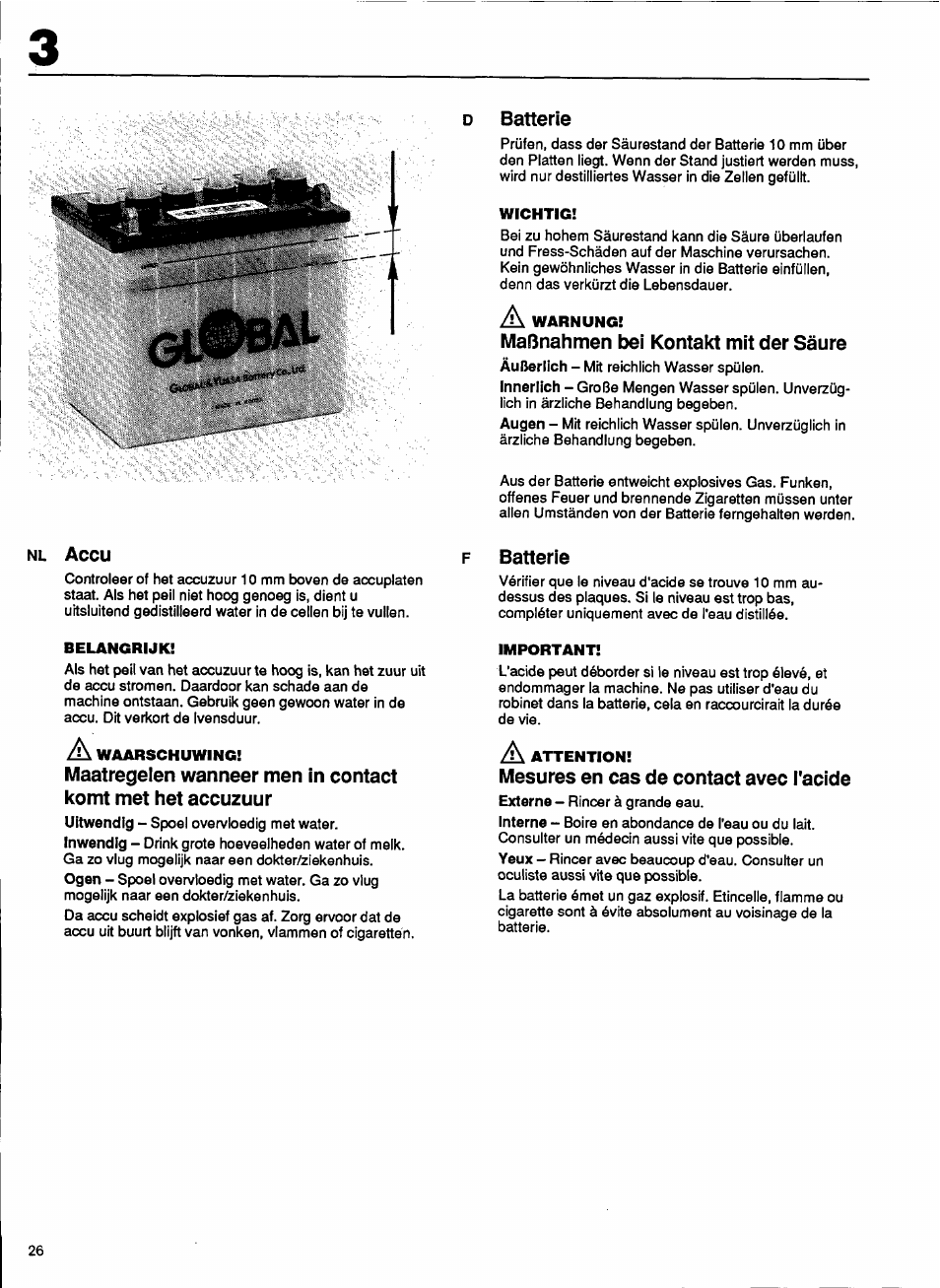 D batterie, Maßnahmen bei kontakt mit der säure, Batterie | Mesures en cas de contact avec l'acide | Husqvarna 1000-14 User Manual | Page 28 / 68