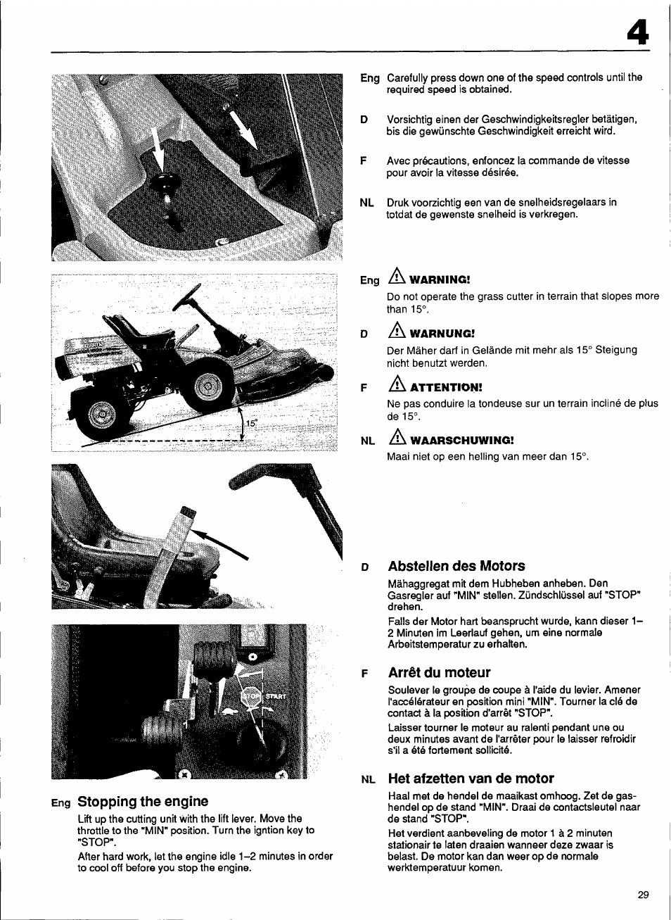 Eng stopping the engine, D abstellen des motors, F arrêt du moteur | Nl het afzetten van de motor | Husqvarna 1000-14 User Manual | Page 31 / 68
