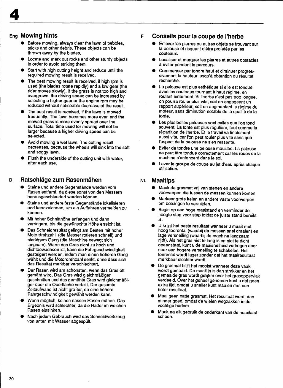 Eng mowing hints, Conseils pour la coupe de l'herbe, Ratschläge zum rasenmähen | Nl maaitips, Mowing hints, Maaitips | Husqvarna 1000-14 User Manual | Page 32 / 68