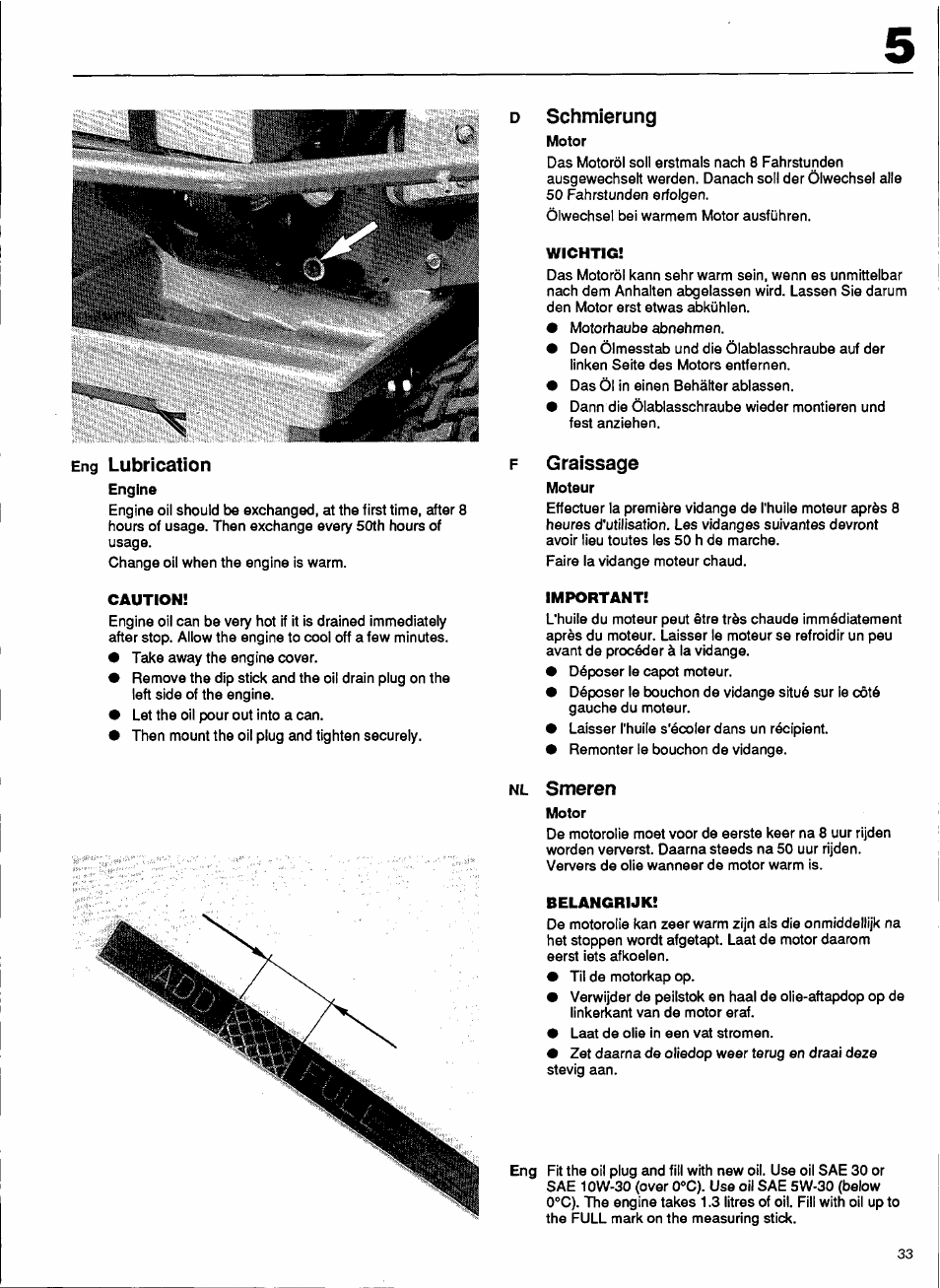 Eng lubrication engine, D schmierung, F graissage | Nl smeren, Lubrication | Husqvarna 1000-14 User Manual | Page 35 / 68