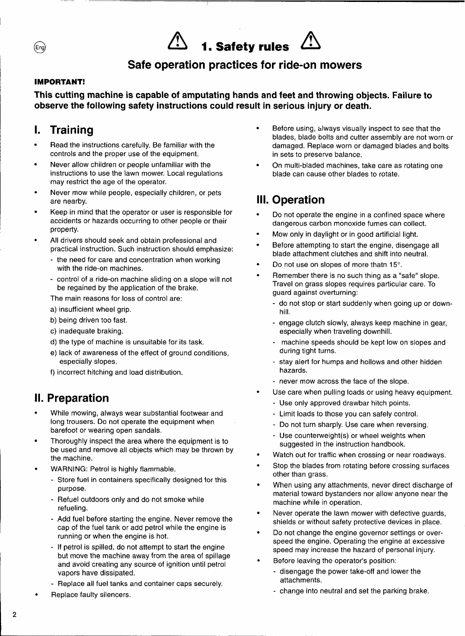 Safety rules, Safe operation practices for ride-on mowers, Ii. preparation | Operation, I. training | Husqvarna 1000-14 User Manual | Page 4 / 68