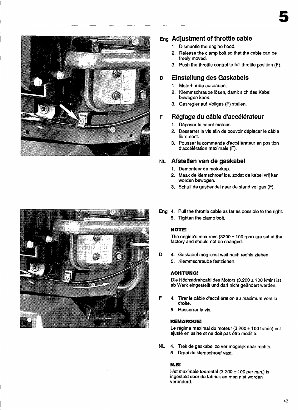Eng adjustment of throttle cable, D einstellung des gaskabels, F réglage du câble d'accélérateur | Nl afstellen van de gaskabel, Adjustment of throttle cable, Réglage du câble d'accélérateur | Husqvarna 1000-14 User Manual | Page 45 / 68