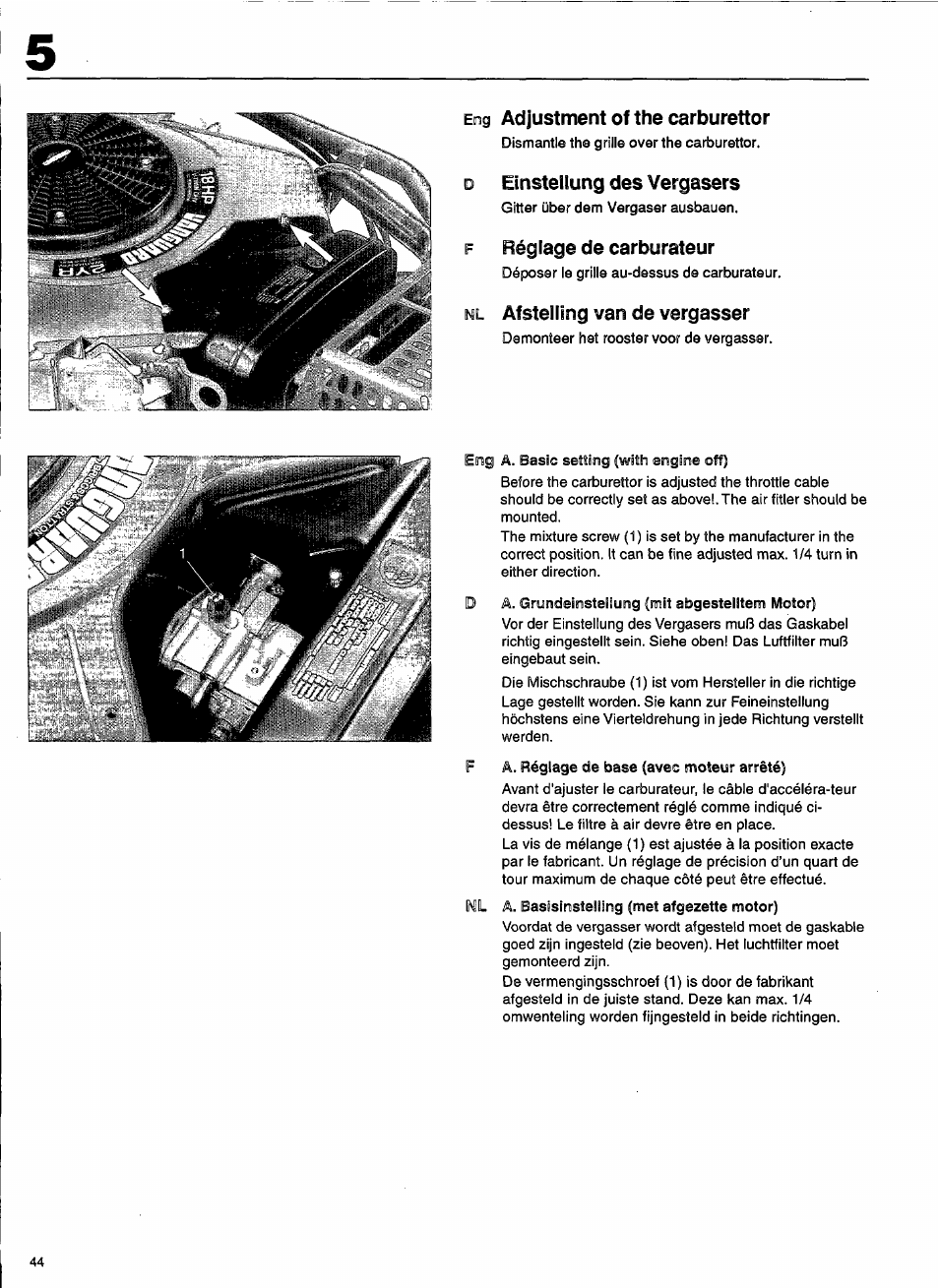 Eng adjustment of the carburettor, D einstellung des vergasers, F réglage de carburateur | Nl afstellîng van de vergasser | Husqvarna 1000-14 User Manual | Page 46 / 68