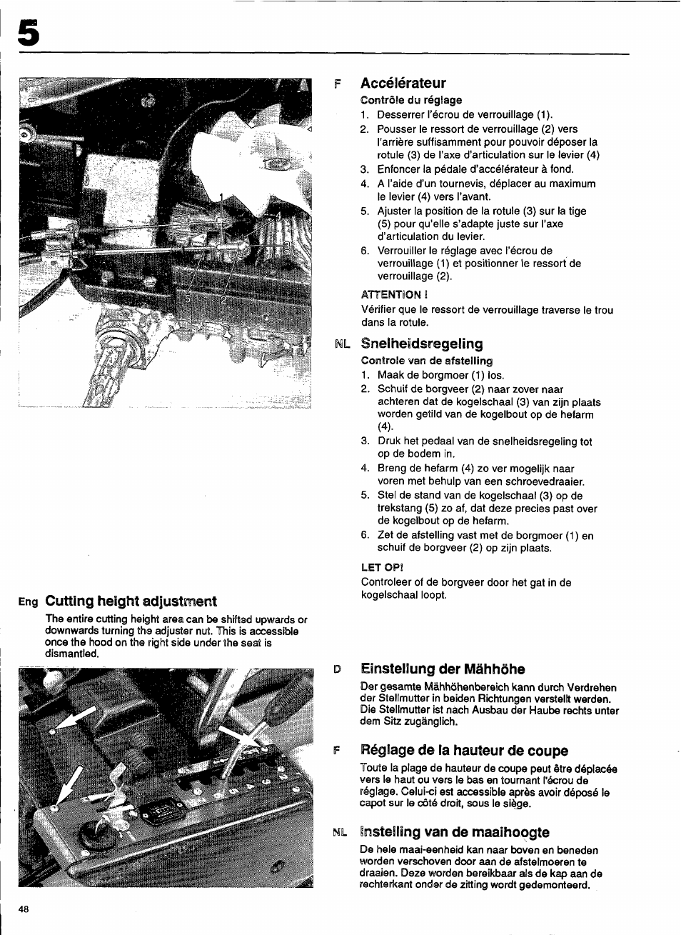 Accélérateur, Eng cutting height adjustment, Snelhefdsregeüng | Einstellung der mähhöhe, Réglage de la hauteur de coupe, Instelfîng van de maaihopgte, Cutting height adjustment | Husqvarna 1000-14 User Manual | Page 50 / 68