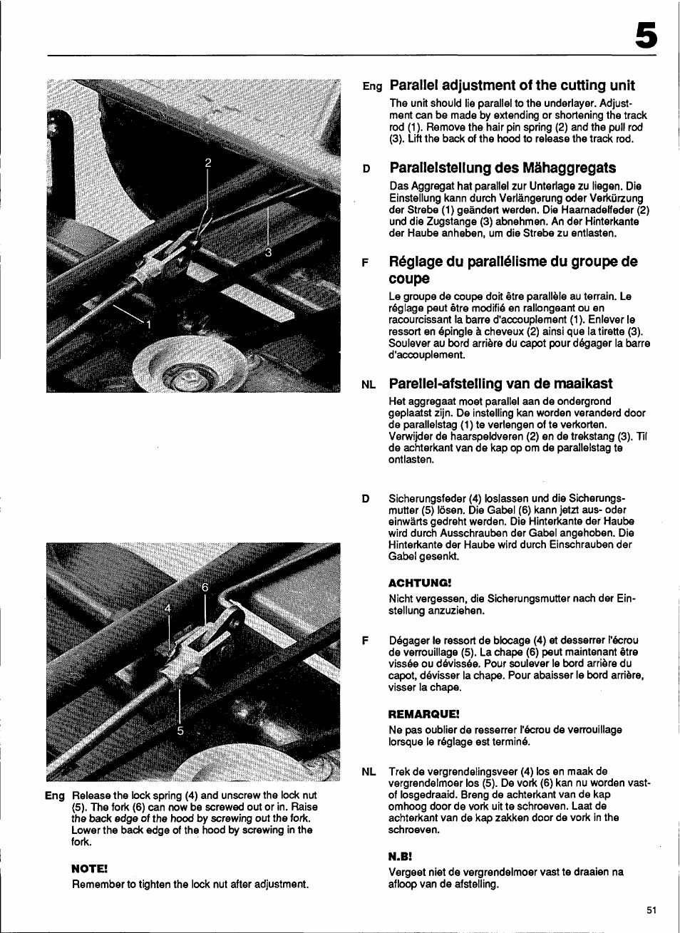 Eng parallel adjustment of the cutting unit, D parallelstellung des mähaggregats, F réglage du parallélisme du groupe de coupe | Nl parellel-afstelling van de maaikast, Parallel adjustment of the cutting unit | Husqvarna 1000-14 User Manual | Page 53 / 68