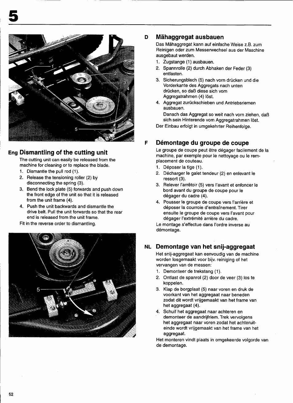 Eng dismantling of the cutting unit, Mähaggregat ausbauen, Nl demontage van het snij-aggregaat | Dismantling of the cutting unit, Démontage du groupe de coupe, Demontage van het snij-aggregaat | Husqvarna 1000-14 User Manual | Page 54 / 68