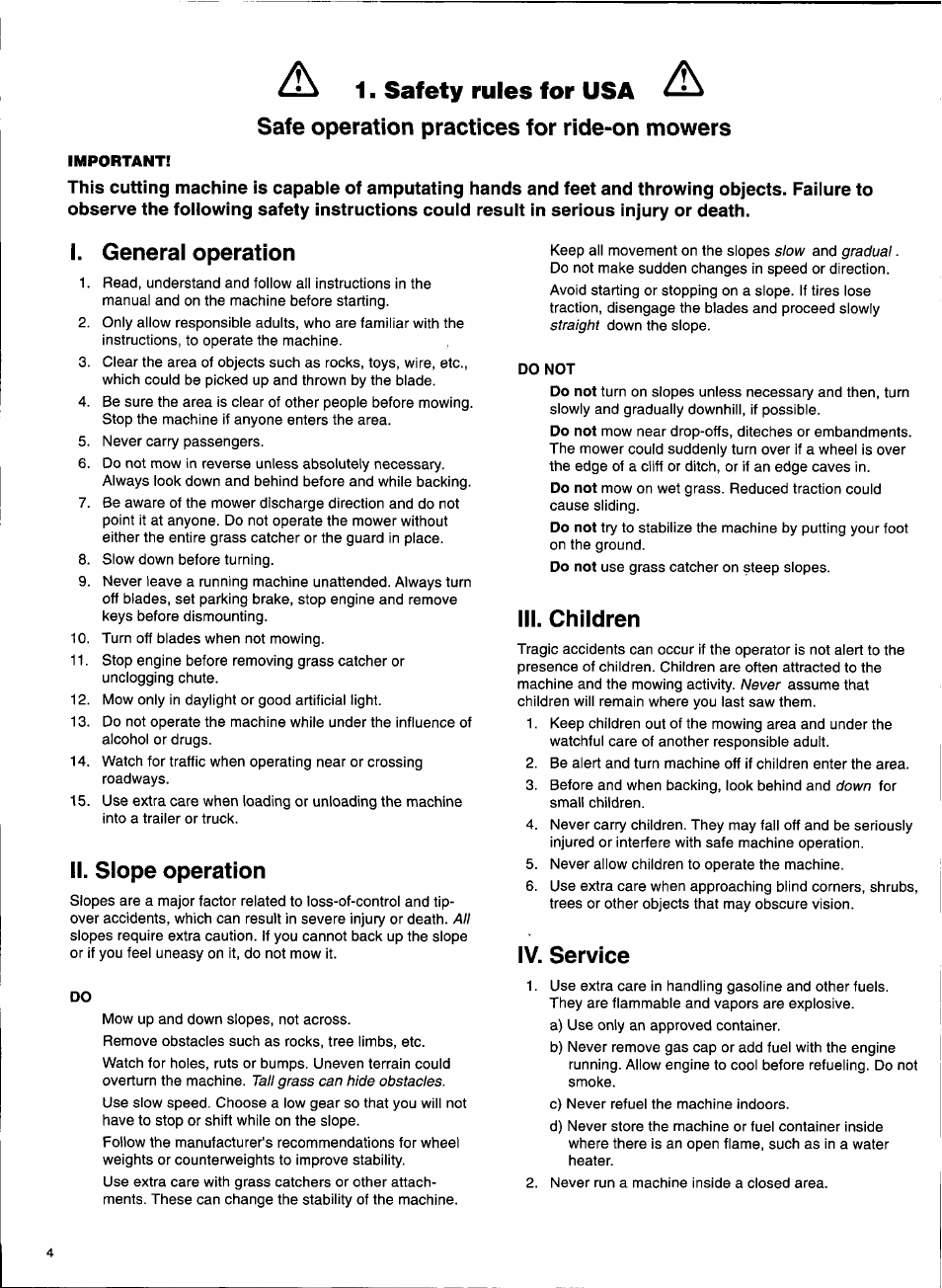 A 1. safety rules for usa, Safe operation practices for ride-on mowers, I. general operation | Ii. slope operation, Iii. children, Iv. service | Husqvarna 1000-14 User Manual | Page 6 / 68