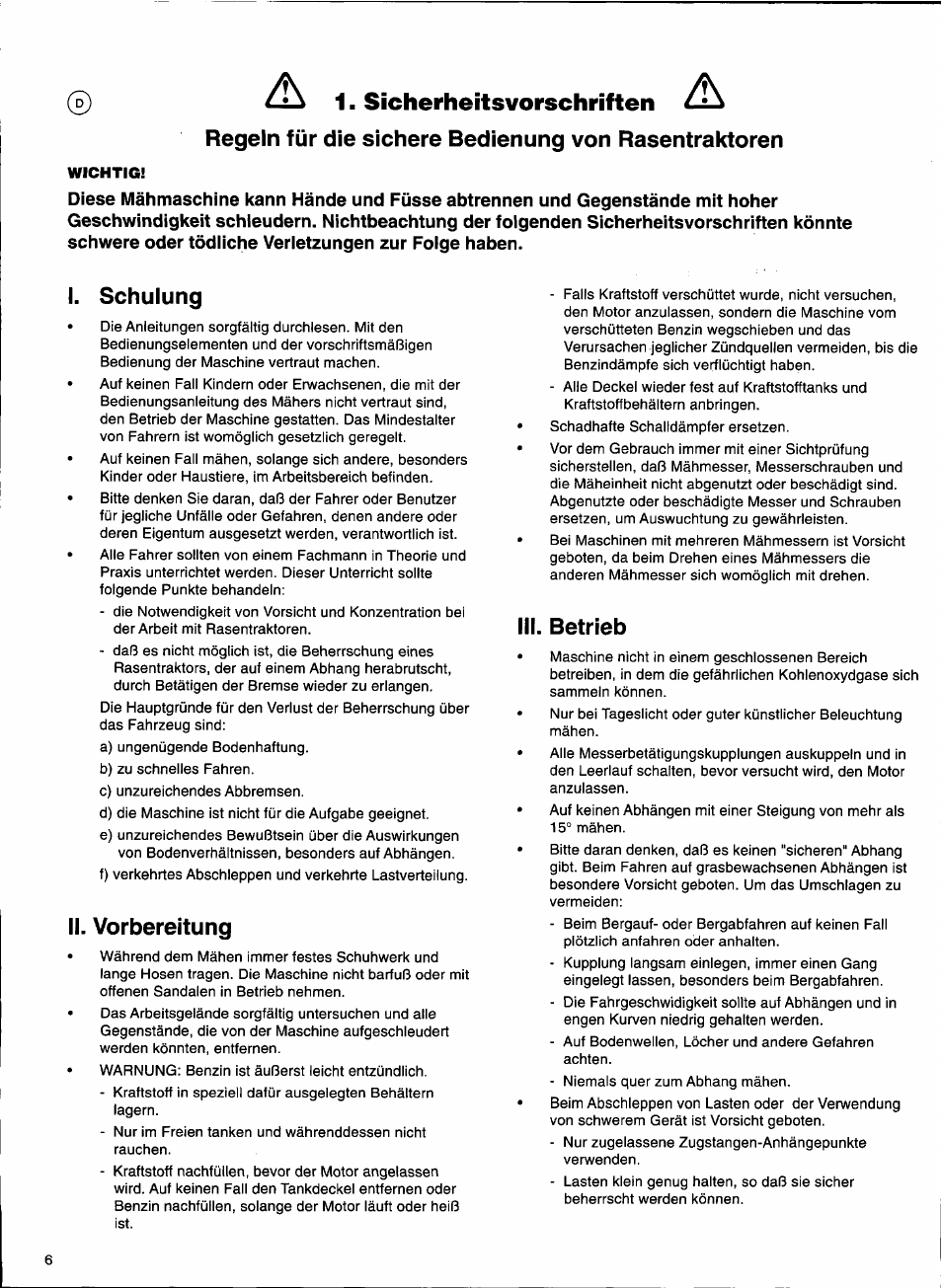 A 1. sicherheitsvorschriften a, I. schulung, Ii. vorbereitung | Iii. betrieb | Husqvarna 1000-14 User Manual | Page 8 / 68