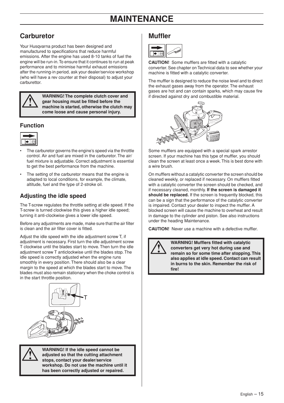 Carburetor, Function, Adjusting the idle speed | Muffler, Maintenance | Husqvarna Hedge Trimmer 123HD60 User Manual | Page 15 / 24