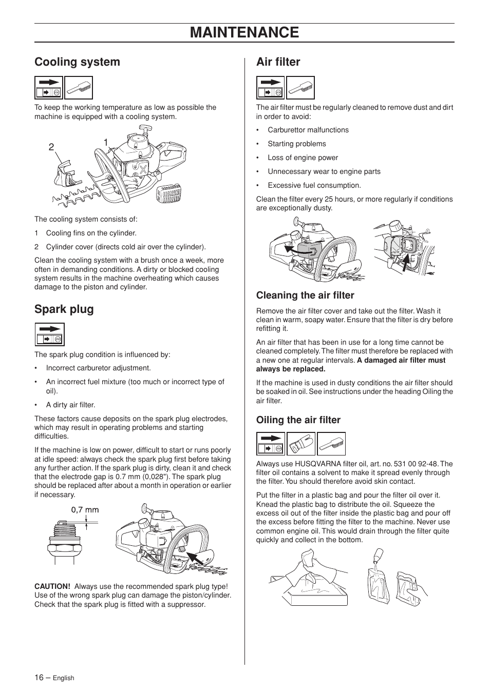 Cooling system, Spark plug, Air filter | Cleaning the air filter, Oiling the air filter, Maintenance | Husqvarna Hedge Trimmer 123HD60 User Manual | Page 16 / 24