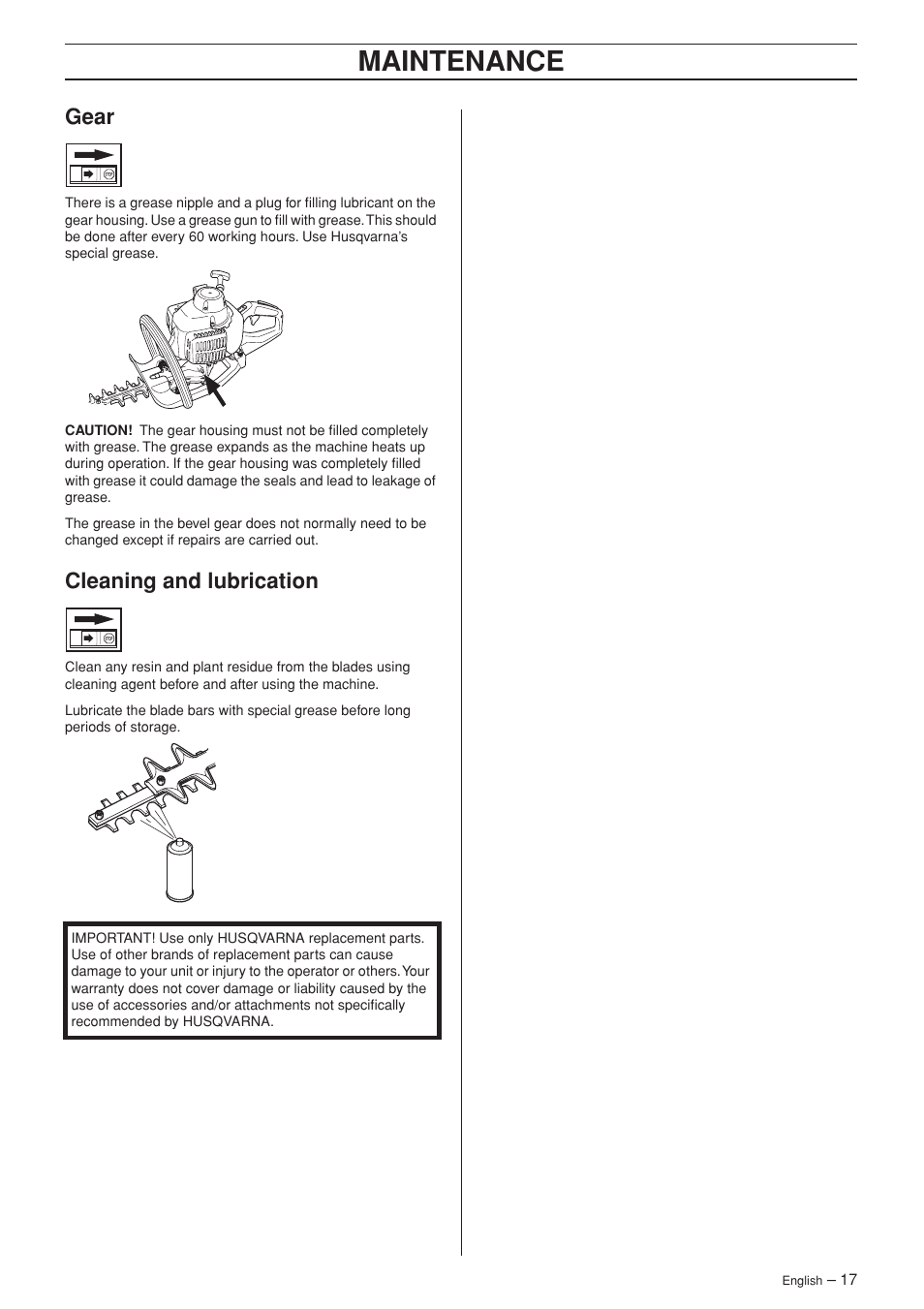 Gear, Cleaning and lubrication, Maintenance | Husqvarna Hedge Trimmer 123HD60 User Manual | Page 17 / 24