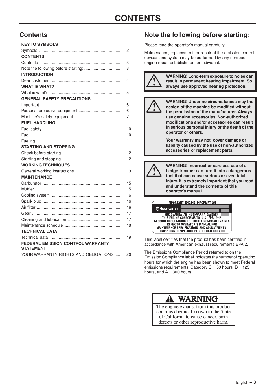 Husqvarna Hedge Trimmer 123HD60 User Manual | Page 3 / 24