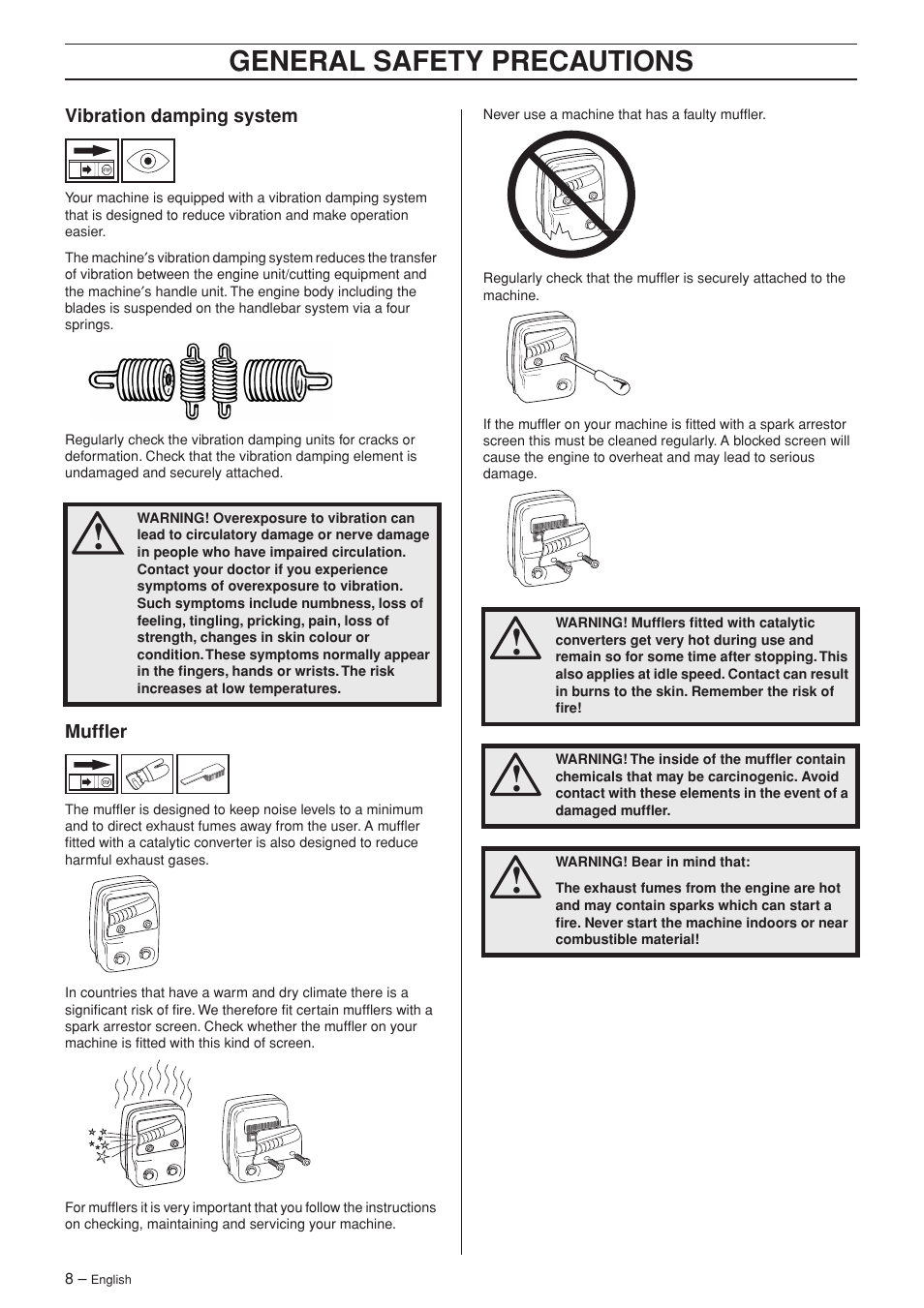 Vibration damping system, Muffler, General safety preca utions | Husqvarna Hedge Trimmer 123HD60 User Manual | Page 8 / 24