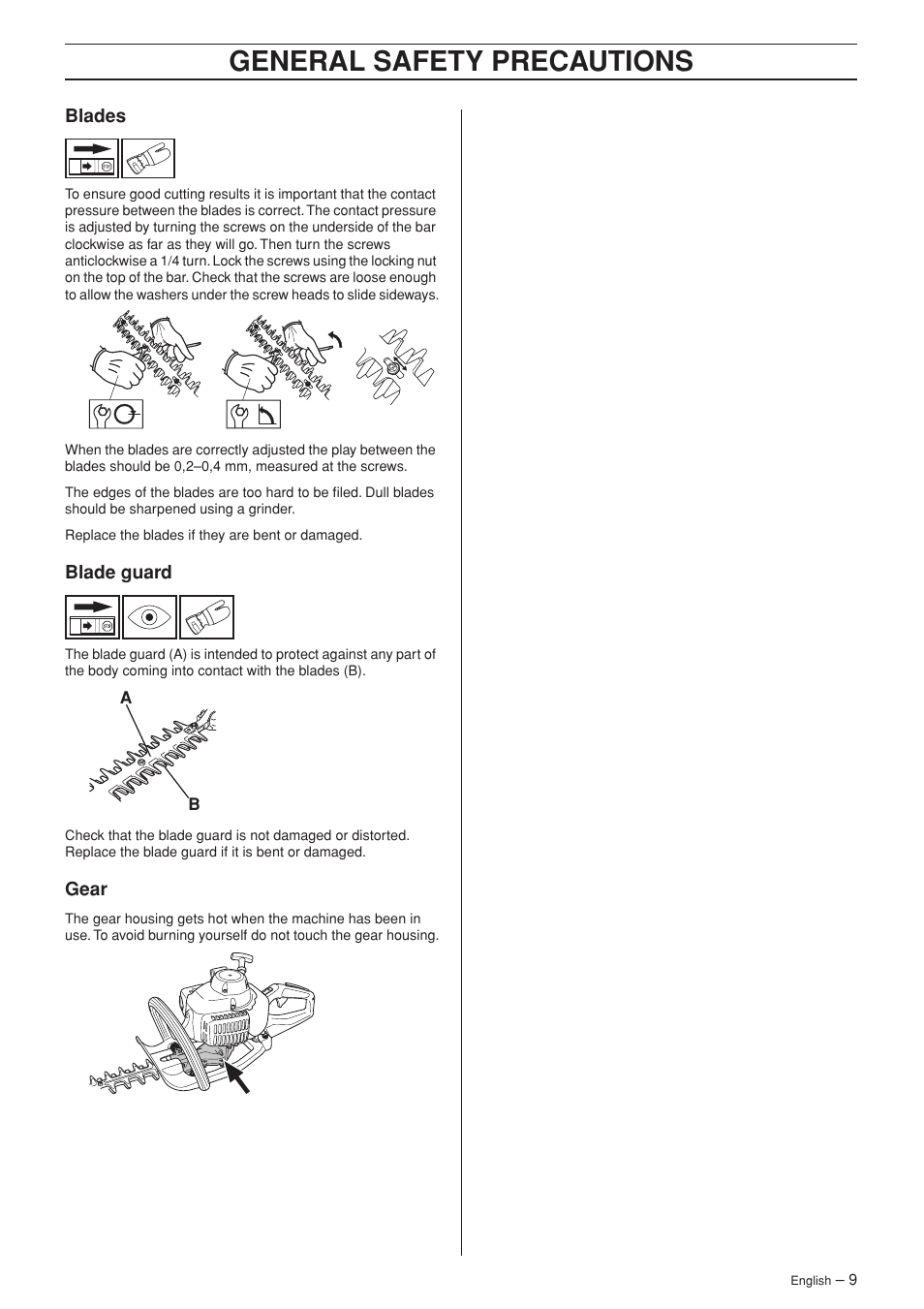 Blades, Blade guard, Gear | General safety precautions | Husqvarna Hedge Trimmer 123HD60 User Manual | Page 9 / 24