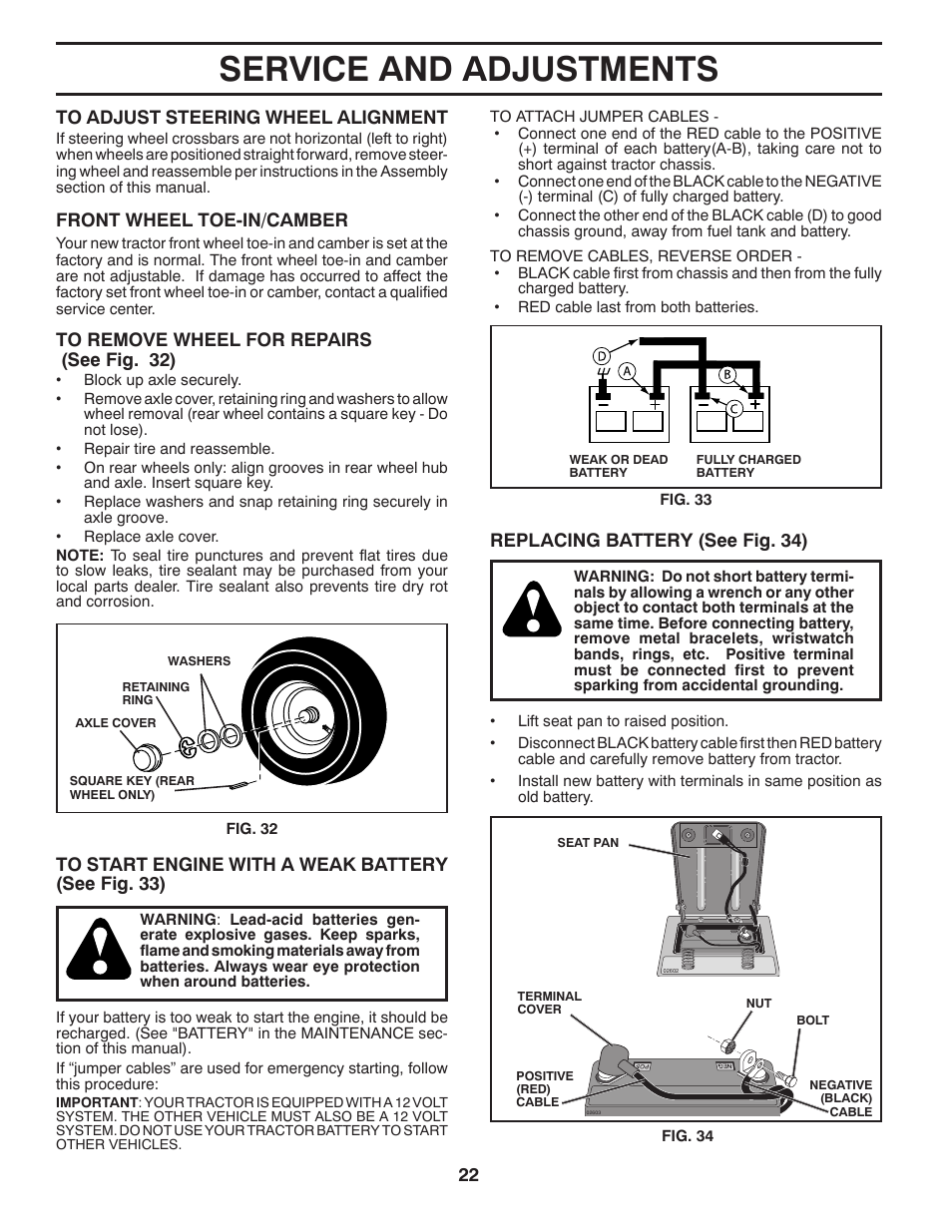 Service and adjustments, Front wheel toe-in/camber, Replacing battery (see fig. 34) | Husqvarna 532 42 41-94 User Manual | Page 22 / 45