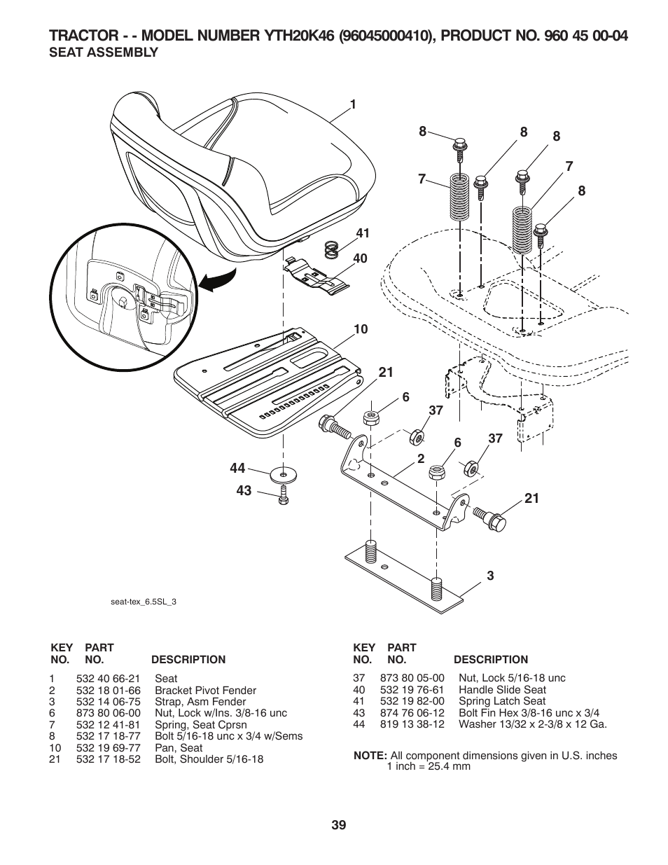 Seat assembly | Husqvarna 532 42 41-94 User Manual | Page 39 / 45