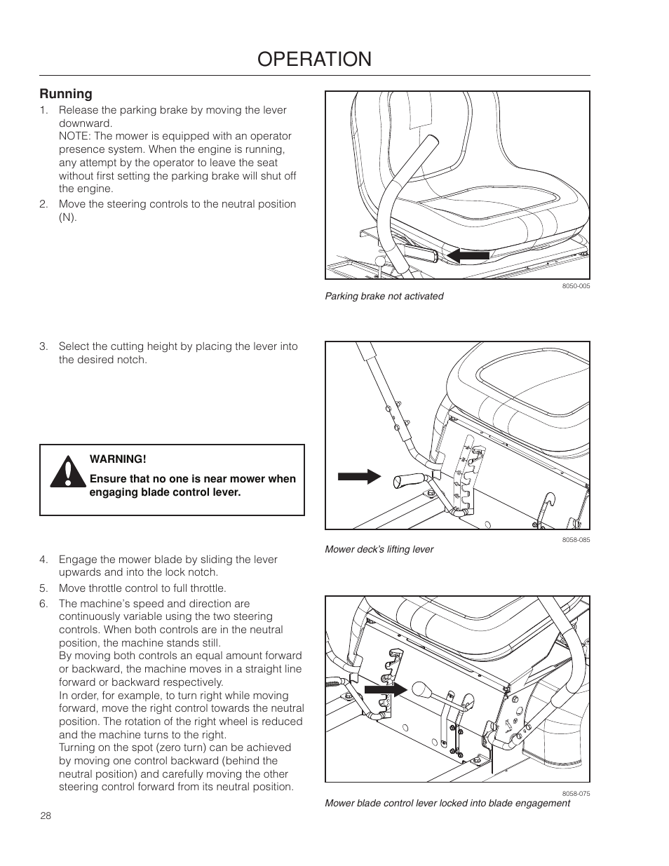 Running, Operation | Husqvarna 966582101 User Manual | Page 28 / 56