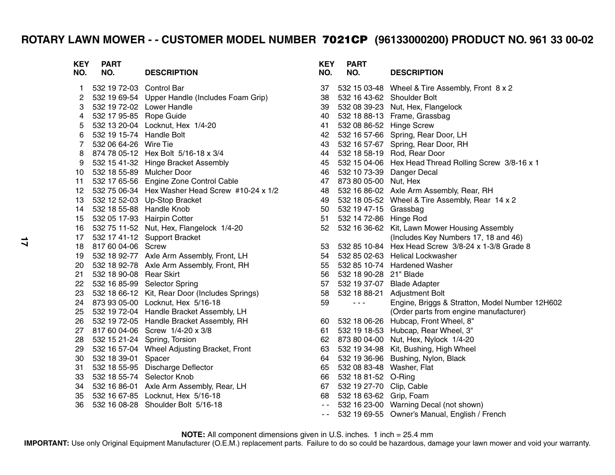 Parts list | Husqvarna 7021CP User Manual | Page 17 / 18