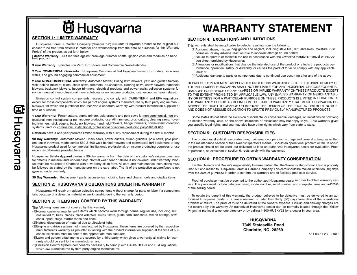 Warranty statement | Husqvarna 7021CP User Manual | Page 18 / 18