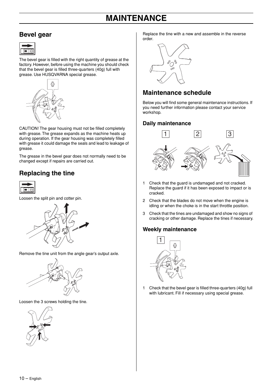 Bevel gear, Replacing the tine, Maintenance schedule | Daily maintenance, Weekly maintenance, Maintenance | Husqvarna Viking CA 150 User Manual | Page 10 / 12