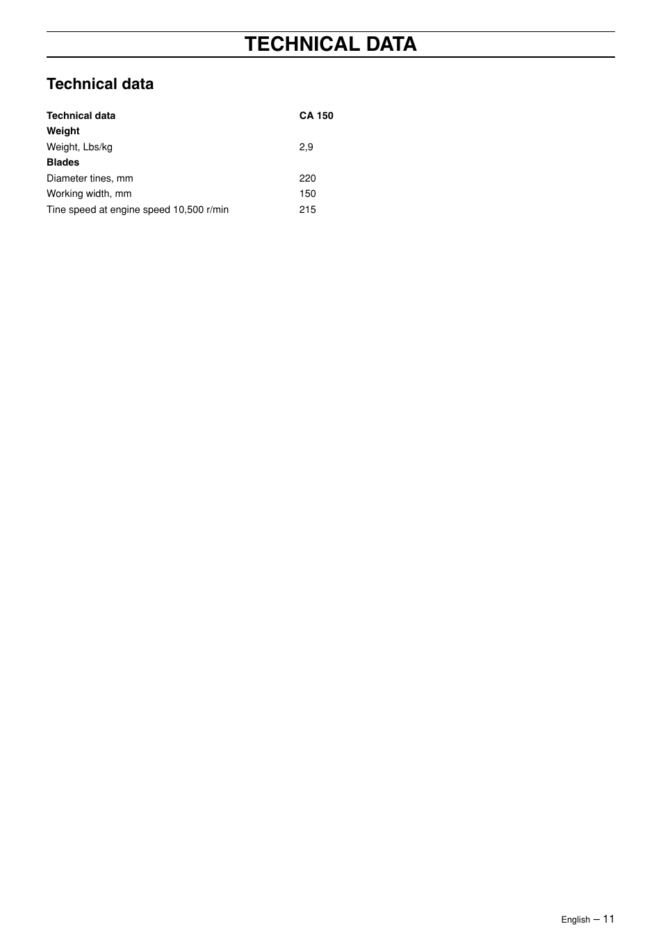 Technical data | Husqvarna Viking CA 150 User Manual | Page 11 / 12