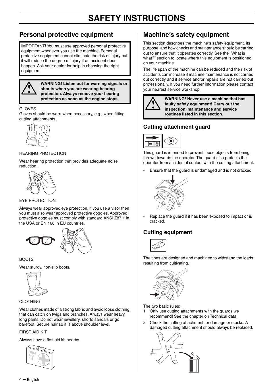 Personal protective equipment, Machine¢s safety equipment, Cutting attachment guard | Cutting equipment, Safety instructions, Machine ′′′′ s safety equipment | Husqvarna Viking CA 150 User Manual | Page 4 / 12