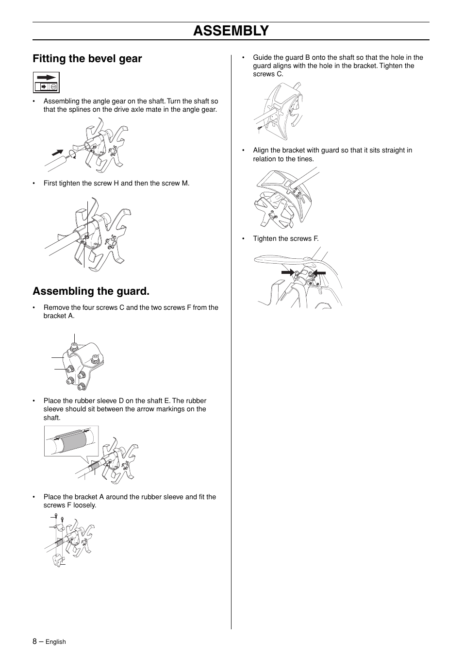Fitting the bevel gear, Assembling the guard, Assembly | Husqvarna Viking CA 150 User Manual | Page 8 / 12