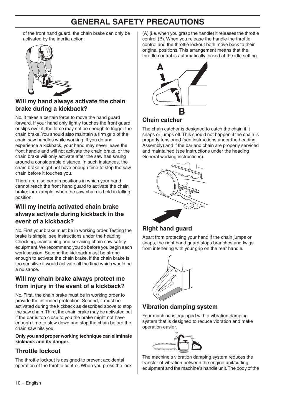 Throttle lockout, Chain catcher, Right hand guard | Vibration damping system, General safety precautions | Husqvarna 359 EPA III User Manual | Page 10 / 44