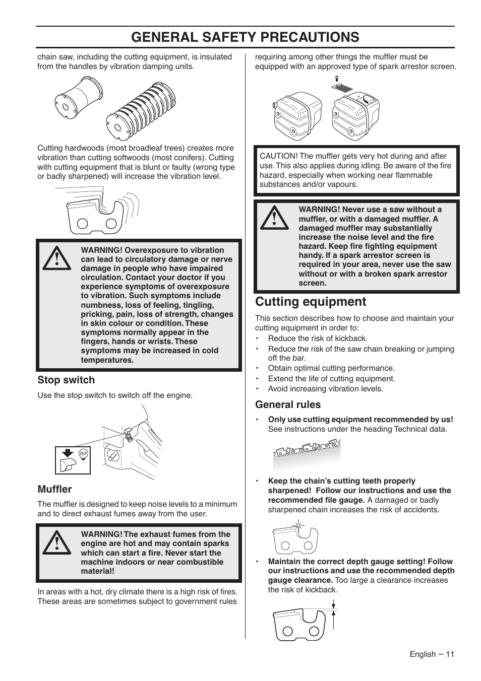 Stop switch, Muffler, Cutting equipment | General rules, General safety precautions | Husqvarna 359 EPA III User Manual | Page 11 / 44