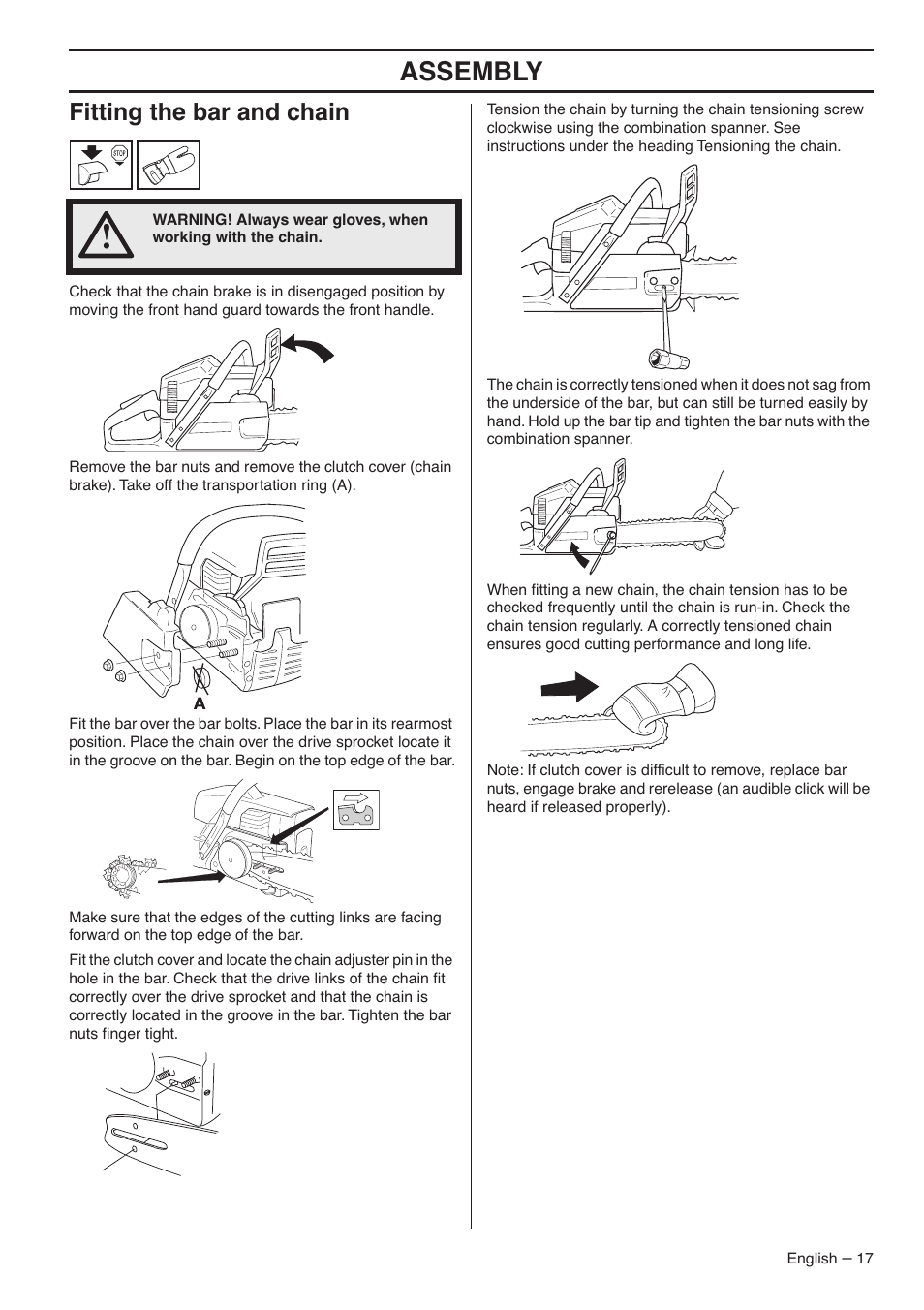 Fitting the bar and chain, Assembly | Husqvarna 359 EPA III User Manual | Page 17 / 44