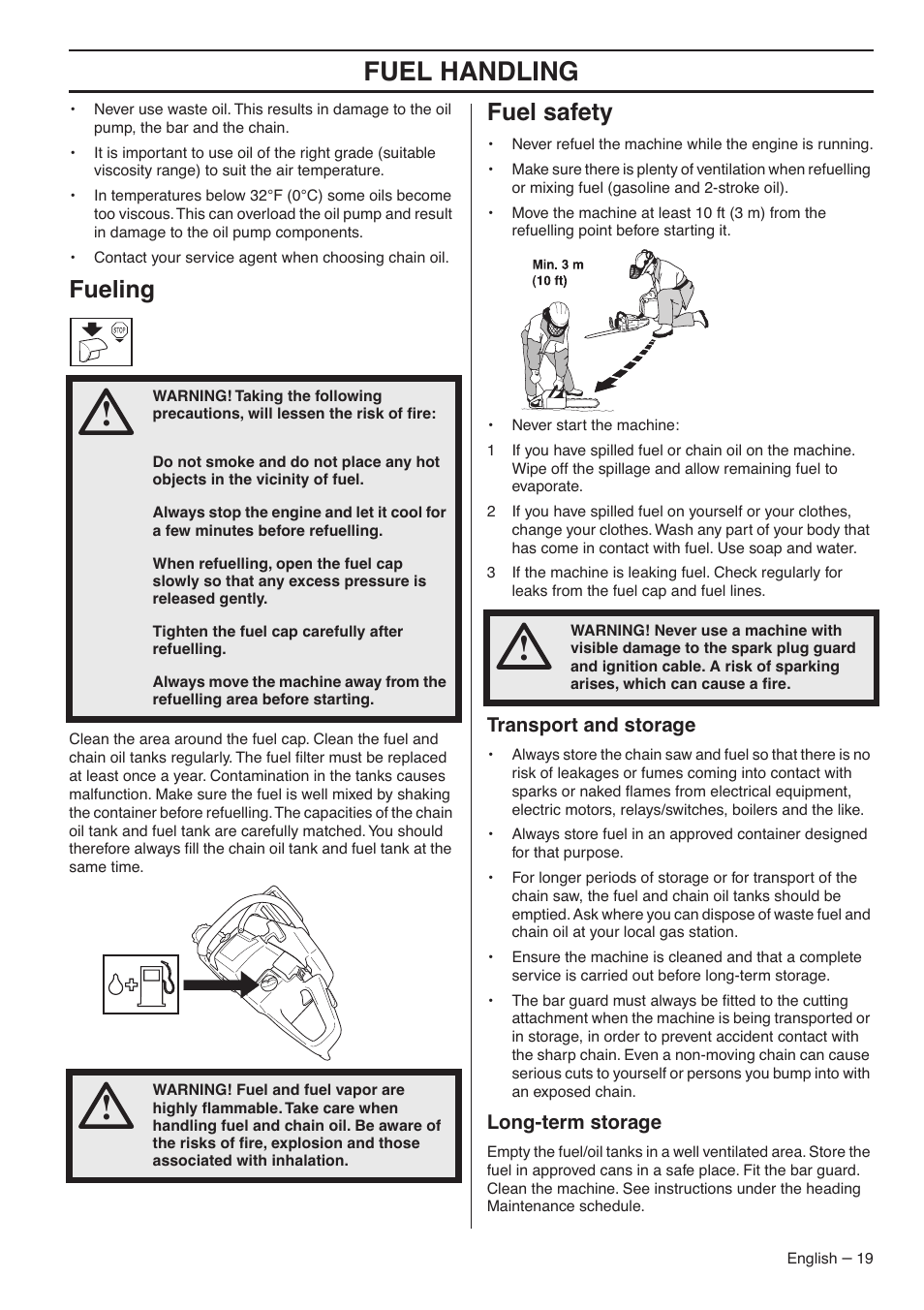 Fueling, Fuel safety, Transport and storage | Long-term storage, Fuel handling | Husqvarna 359 EPA III User Manual | Page 19 / 44