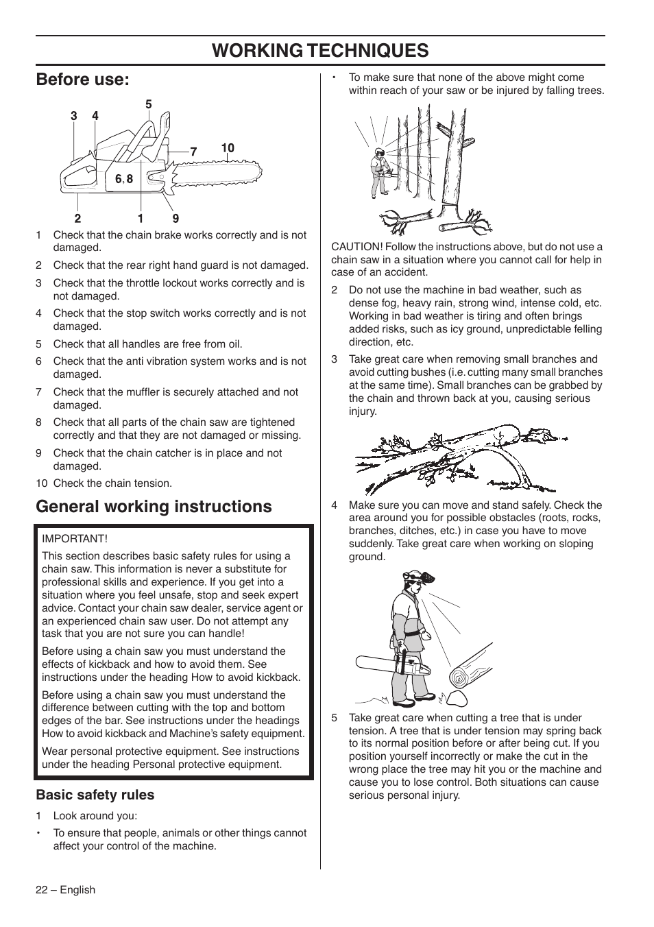 Before use, General working instructions, Basic safety rules | Working techniques | Husqvarna 359 EPA III User Manual | Page 22 / 44