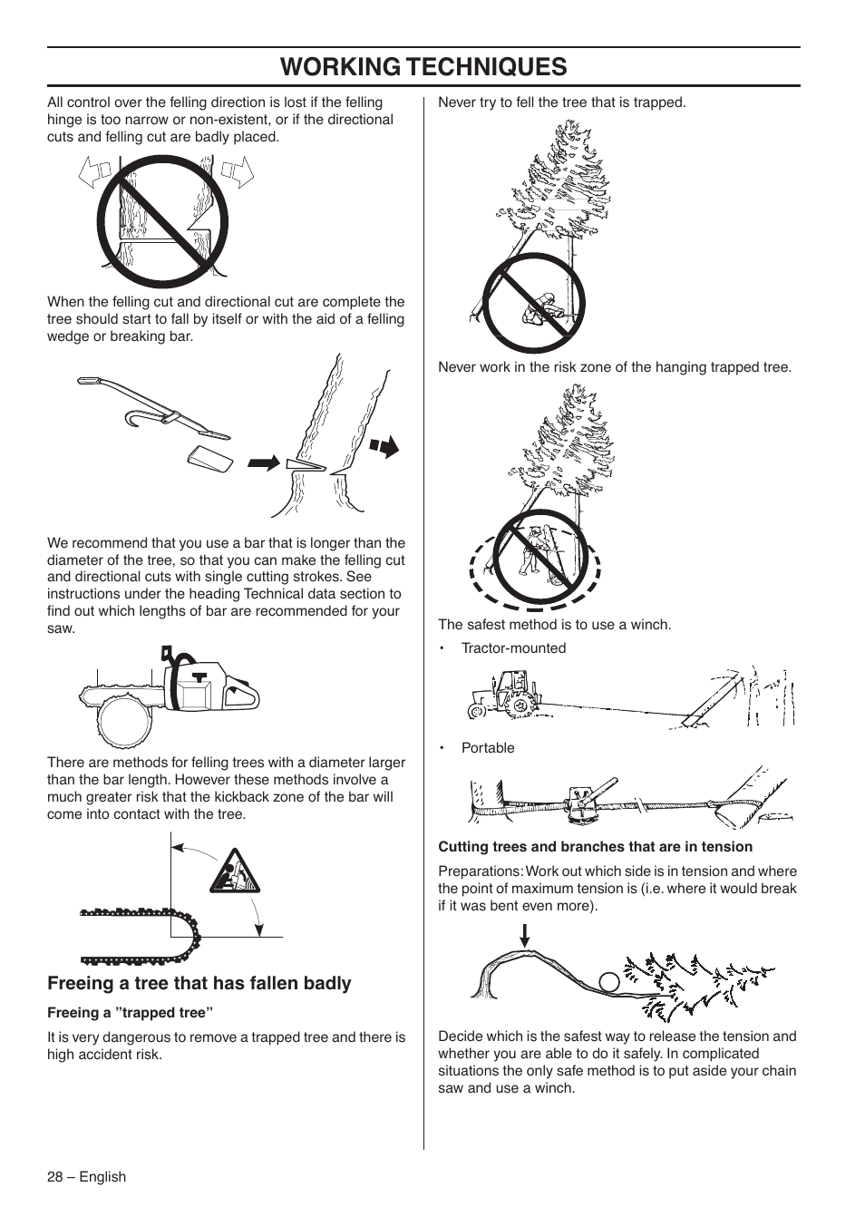 Freeing a tree that has fallen badly, Working techniques | Husqvarna 359 EPA III User Manual | Page 28 / 44