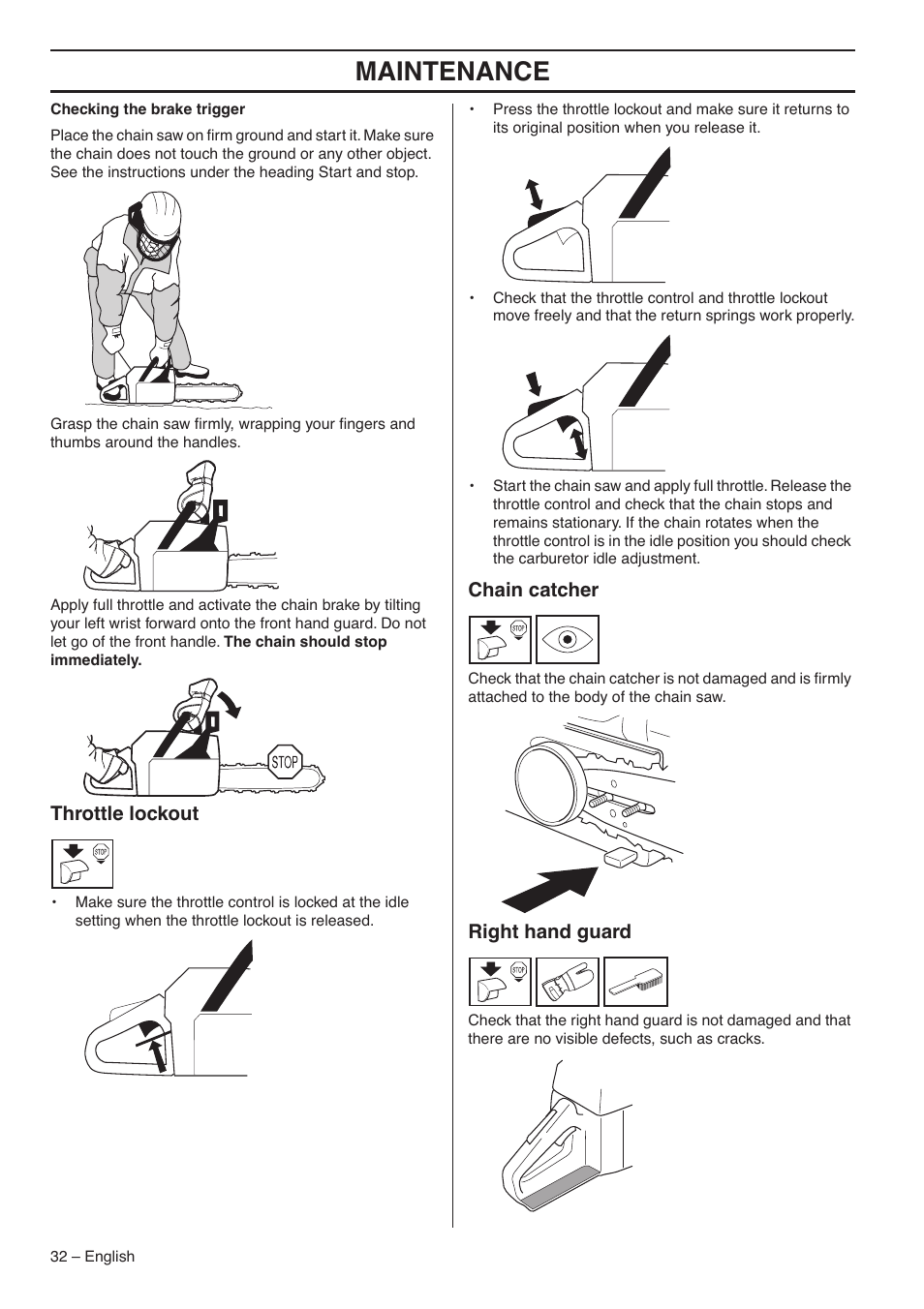Throttle lockout, Chain catcher, Right hand guard | Maintenance | Husqvarna 359 EPA III User Manual | Page 32 / 44