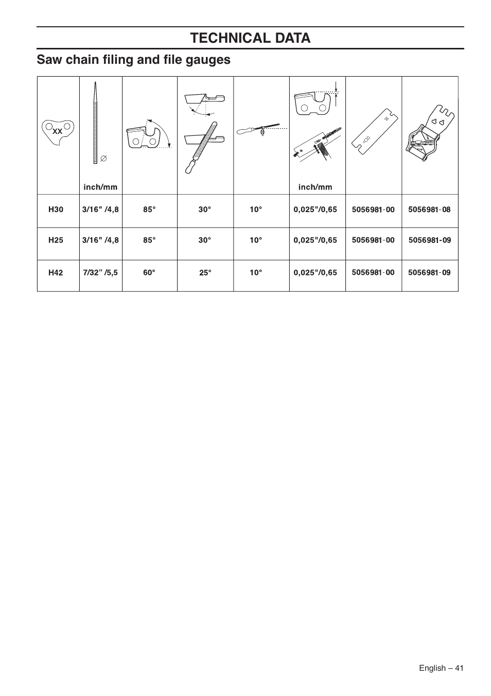 Saw chain filing and file gauges, Technical data | Husqvarna 359 EPA III User Manual | Page 41 / 44