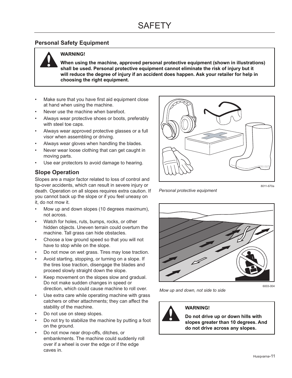 Personal safety equipment, Slope operation, Safety | Husqvarna 965881201 User Manual | Page 11 / 76