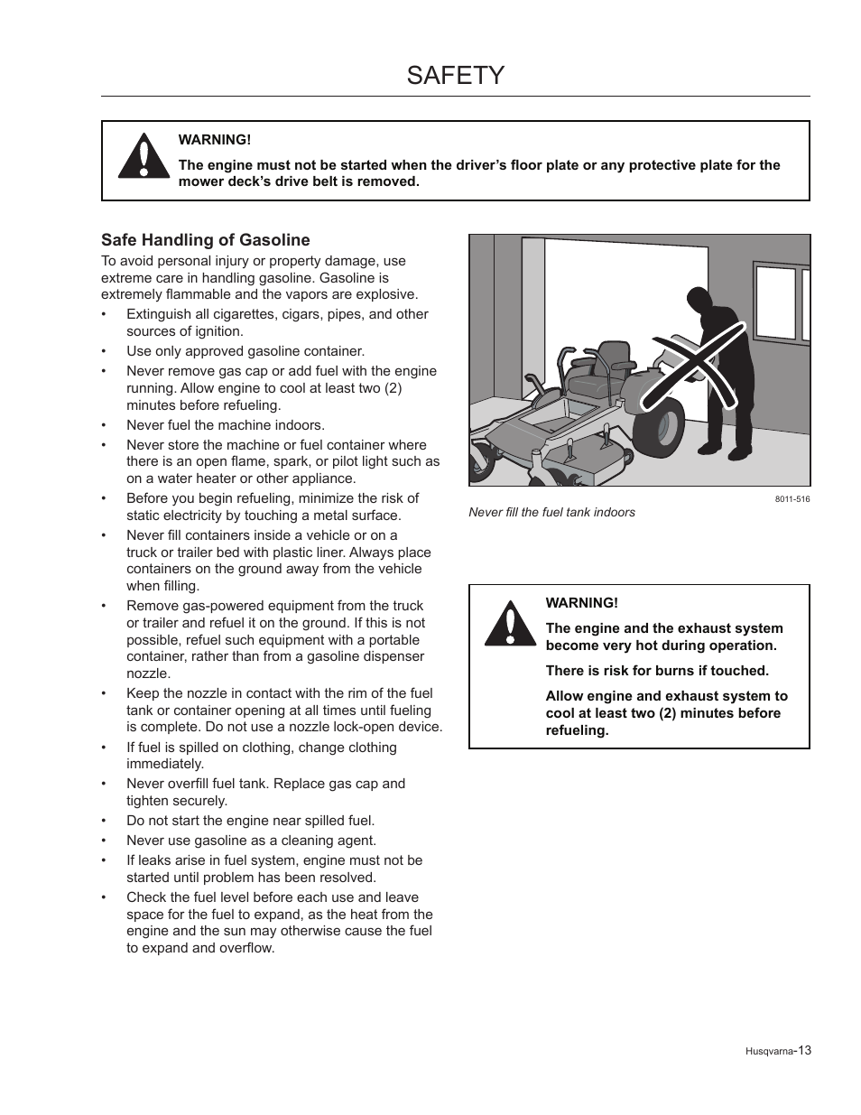 Safe handling of gasoline, Safety | Husqvarna 965881201 User Manual | Page 13 / 76