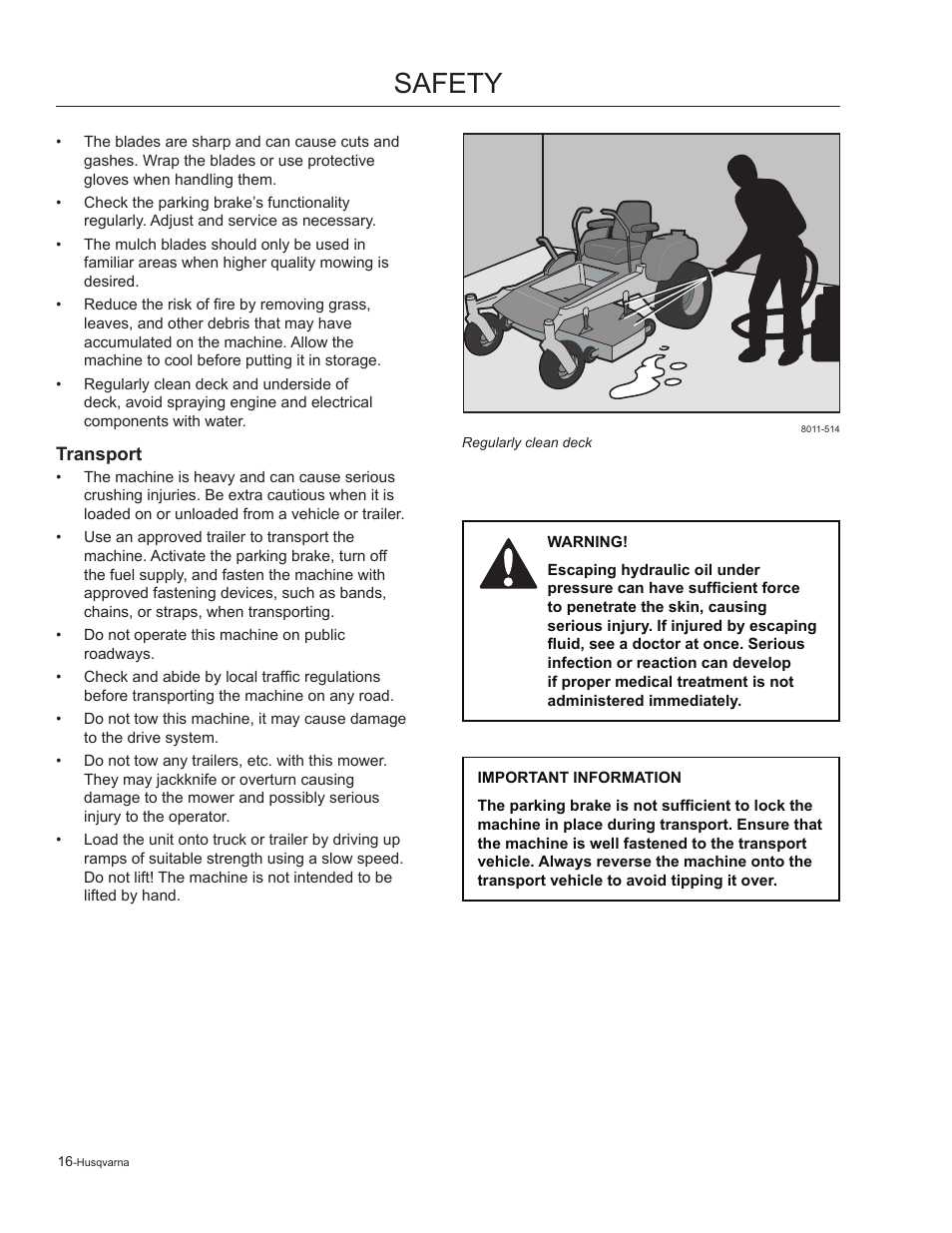 Transport, Safety | Husqvarna 965881201 User Manual | Page 16 / 76