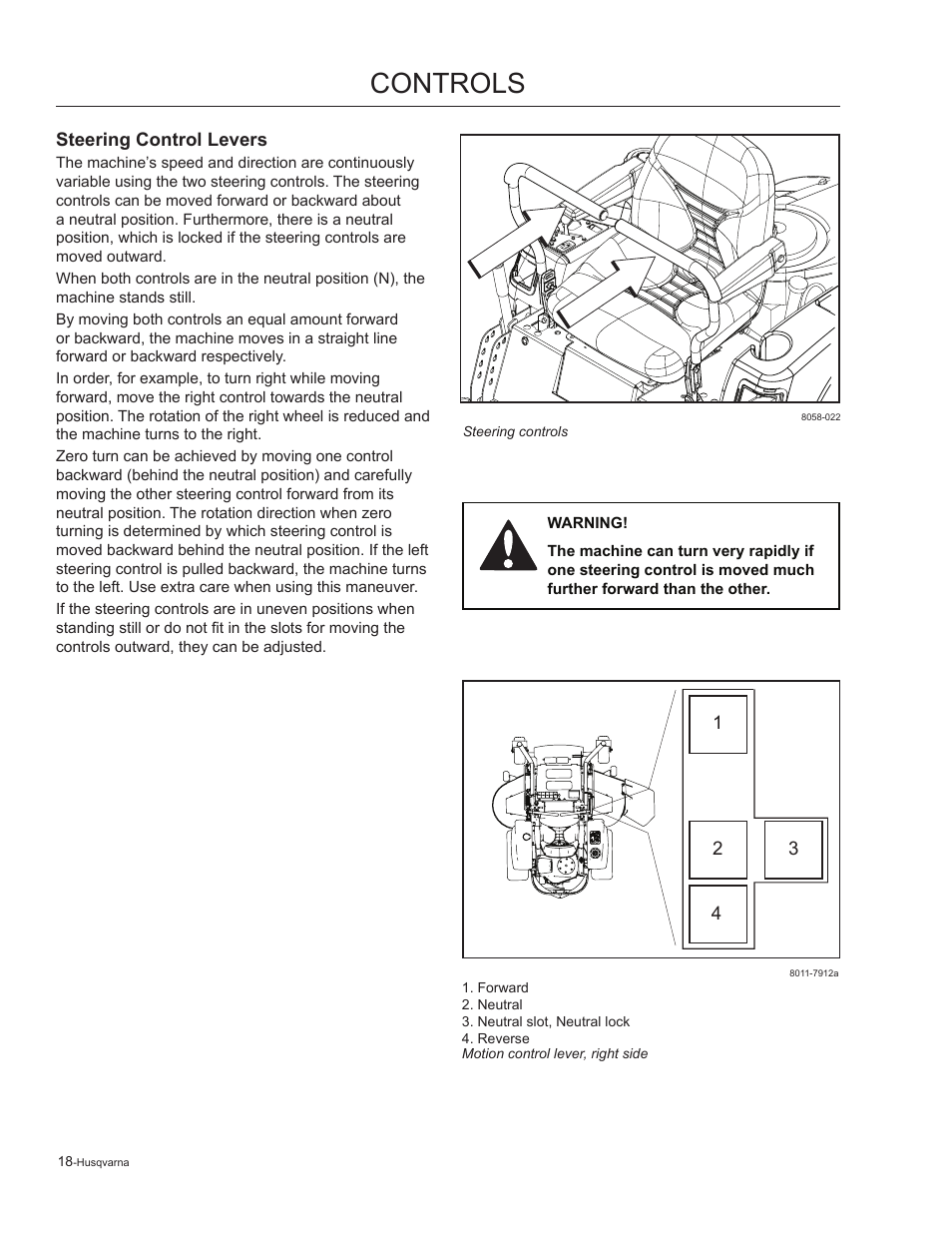 Steering control levers, Controls | Husqvarna 965881201 User Manual | Page 18 / 76