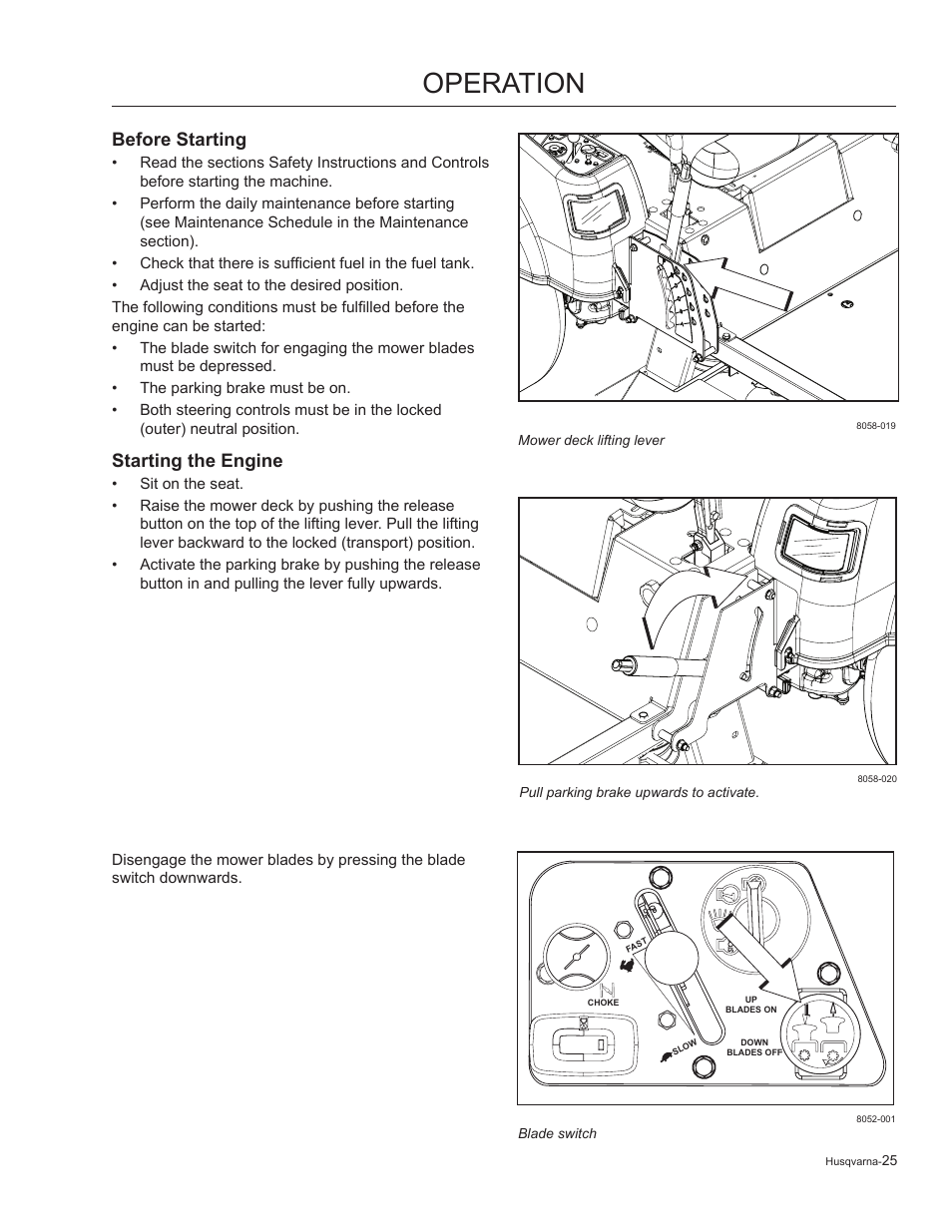 Before starting, Starting the engine, Operation | Husqvarna 965881201 User Manual | Page 25 / 76