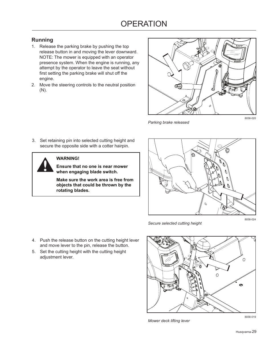 Running, Operation | Husqvarna 965881201 User Manual | Page 29 / 76