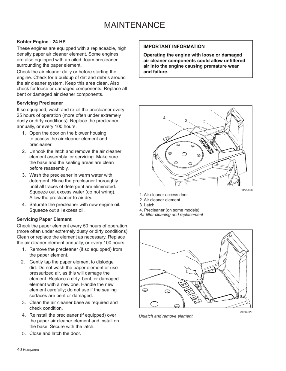 Kohler engine - 24 hp, Maintenance | Husqvarna 965881201 User Manual | Page 40 / 76