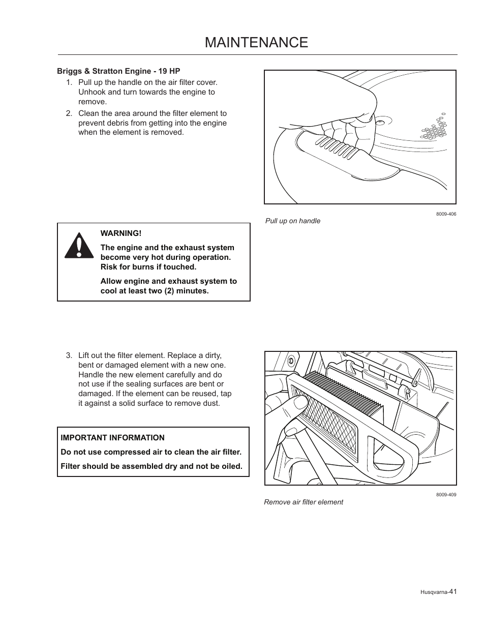 Briggs & stratton engine - 19 hp, Maintenance | Husqvarna 965881201 User Manual | Page 41 / 76