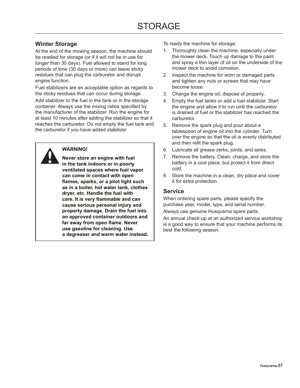 Storage, Winter storage, Service | Husqvarna 965881201 User Manual | Page 57 / 76