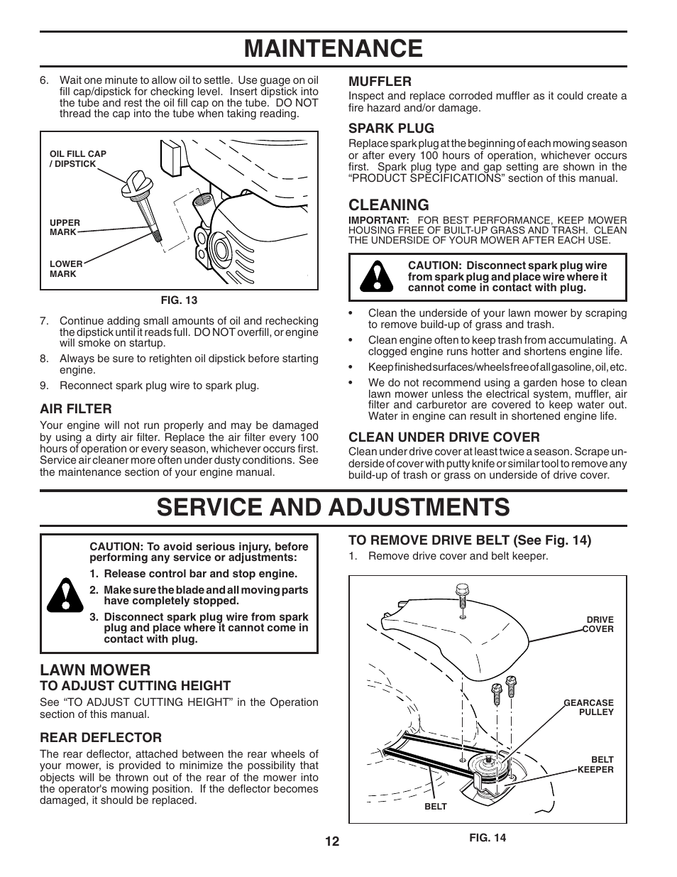 Service & adjustments, Maintenance, Service and adjustments | Lawn mower, Cleaning | Husqvarna 7021F User Manual | Page 12 / 21